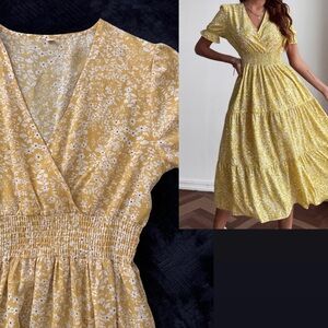 Floral Yellow Ruched Waistline Summer Long Flowy Boho Dress